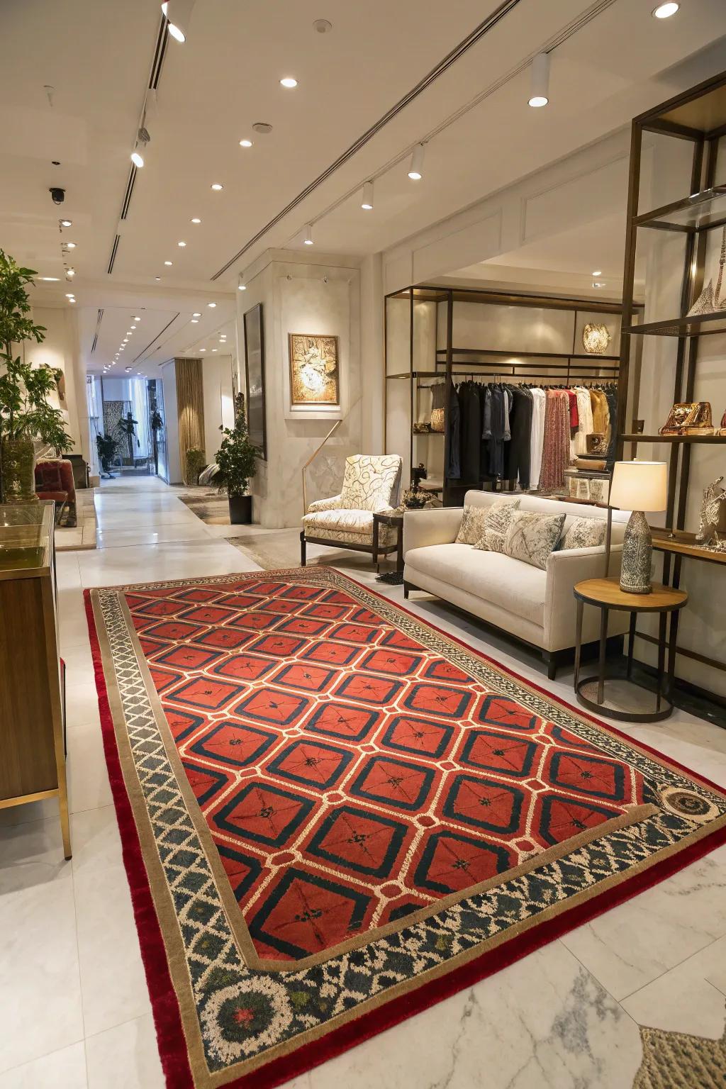 A boutique interior featuring a prominent rug, grounding the decor and contributing warmth and design.