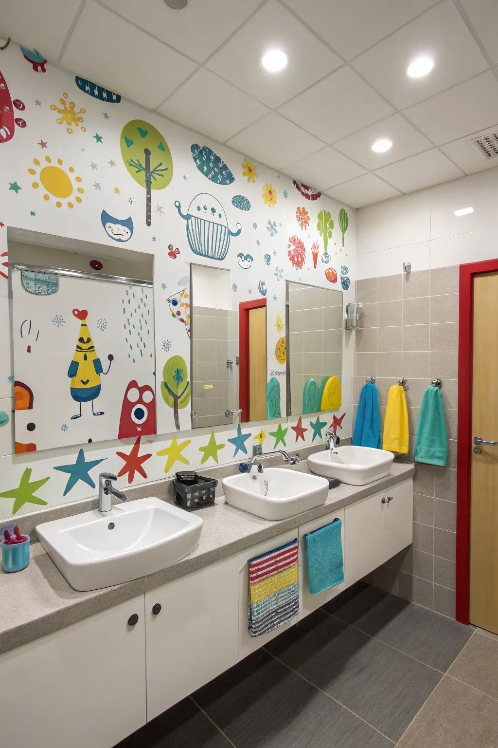 Vivid wall stickers bring life to a boys' bathroom.