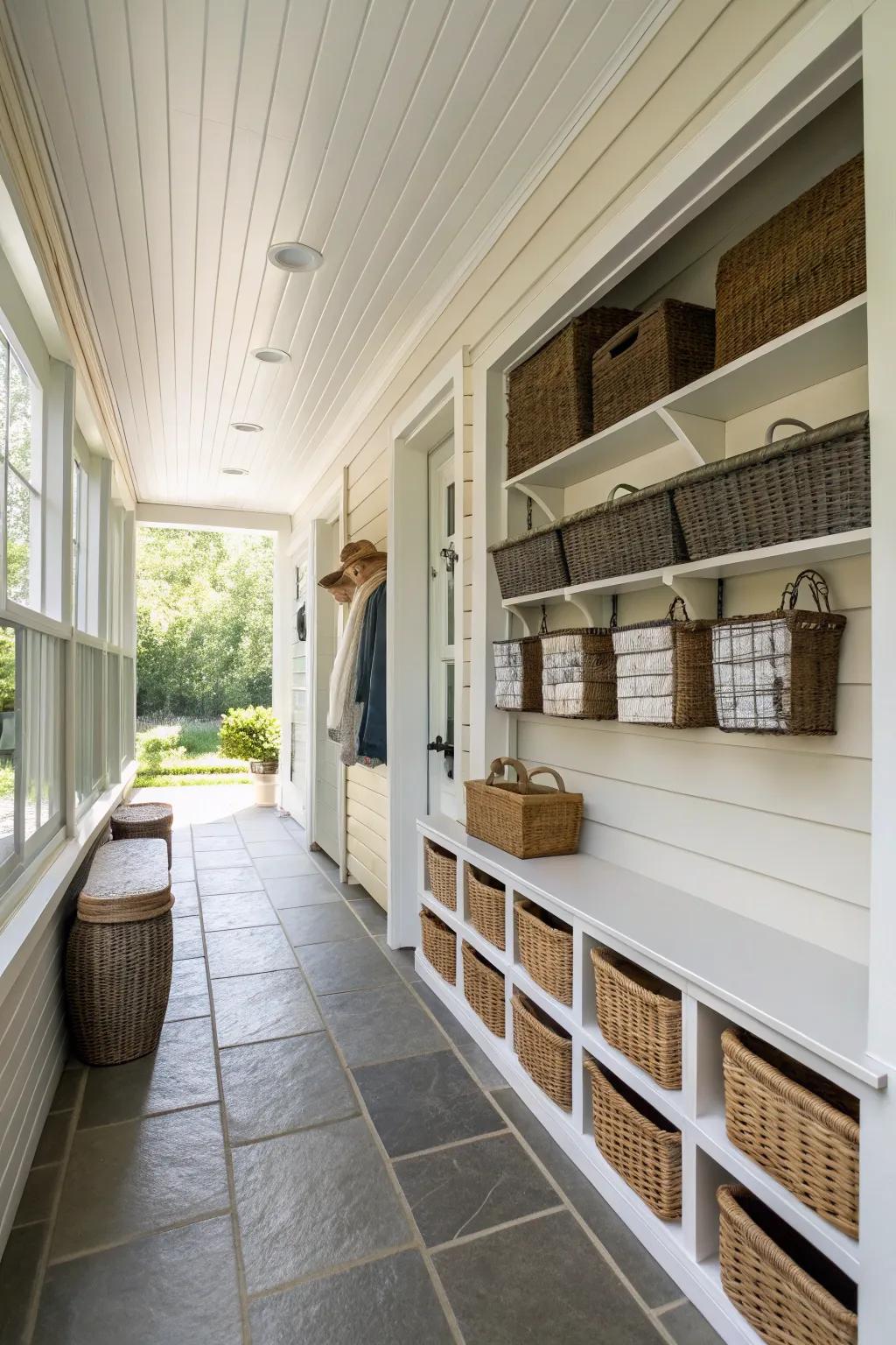 Stylish storage solutions maintaining the breezeway’s tidiness and organization.
