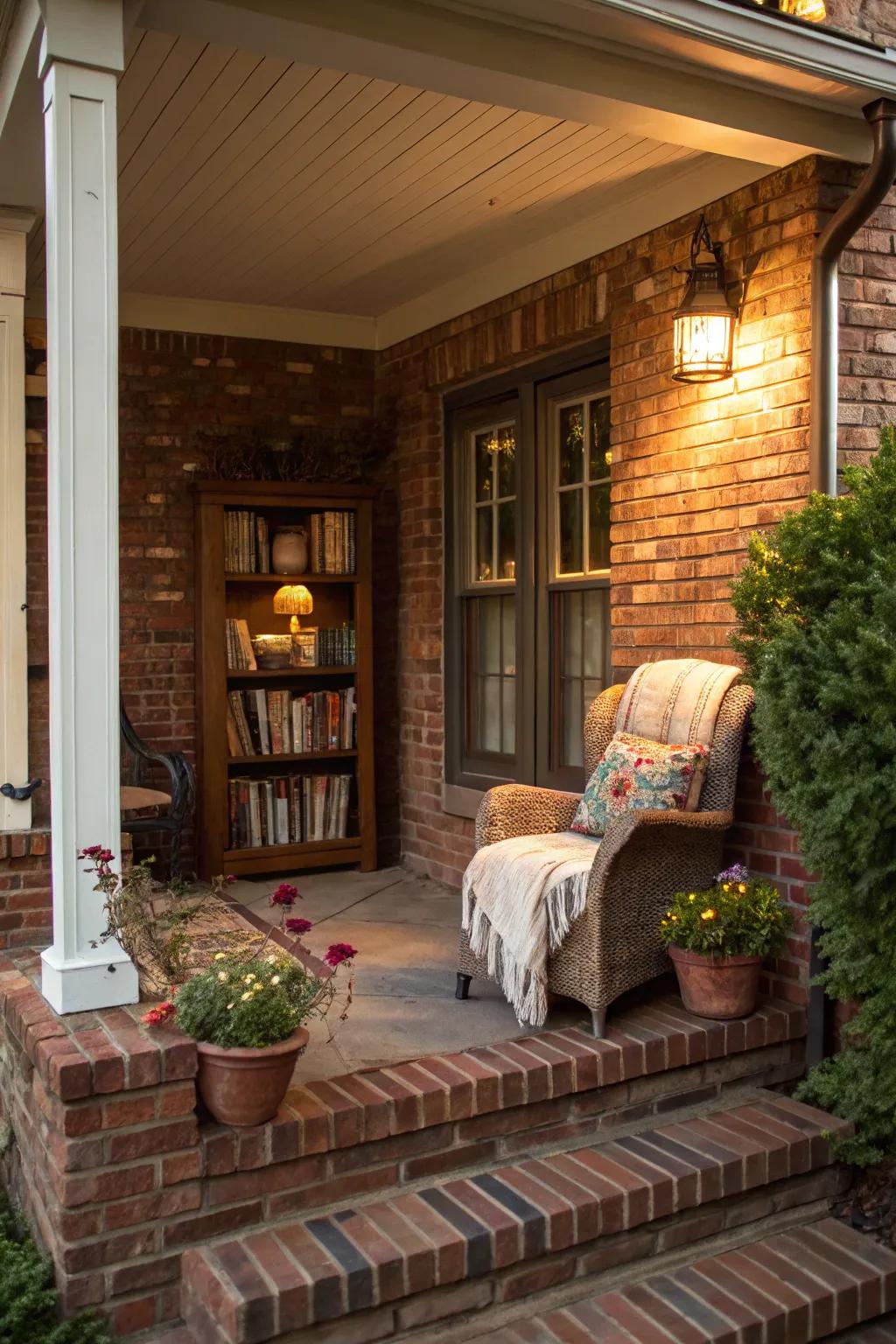 A reading nook offers an escape on this porch.