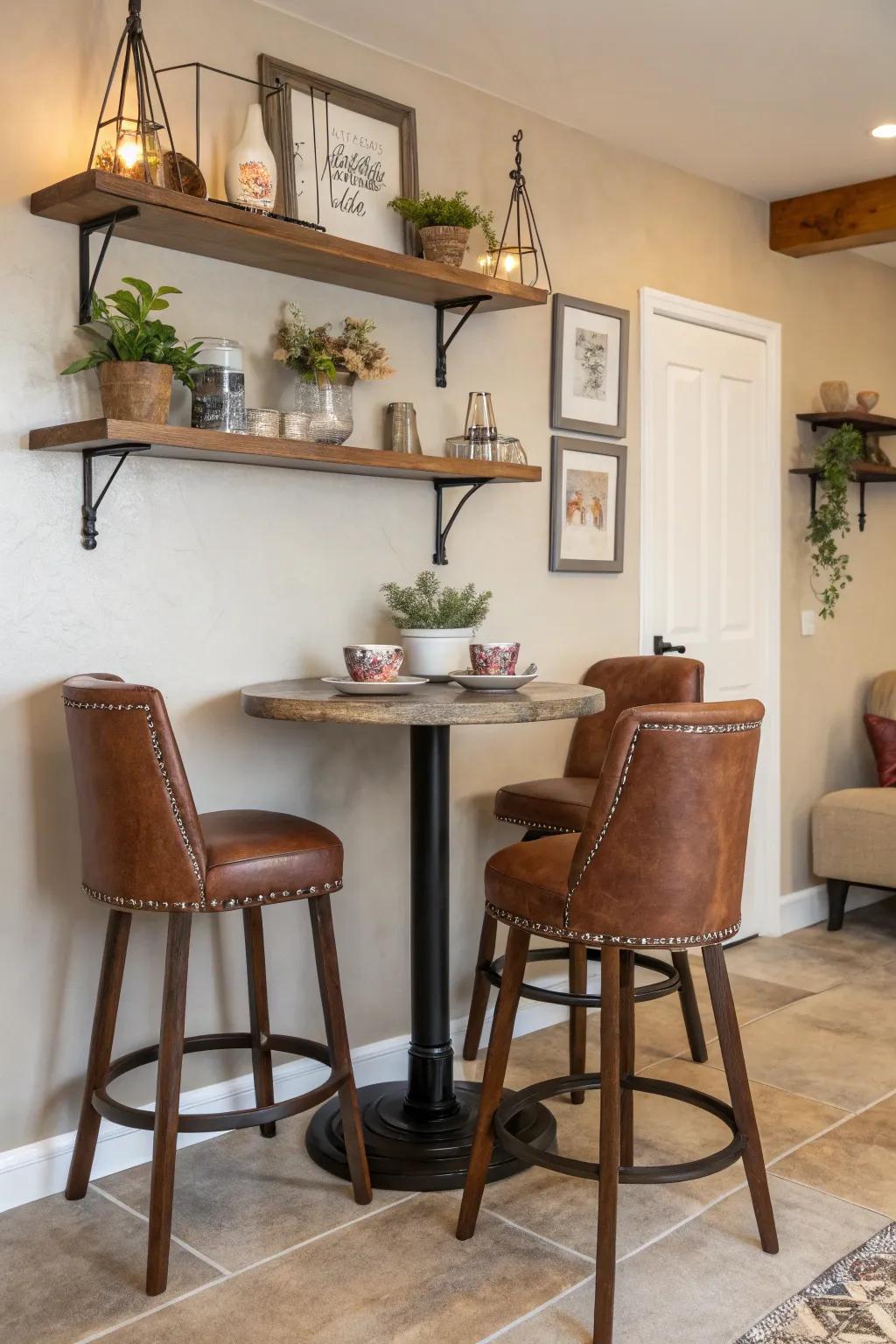 Chocolate seating fashions a warm and inviting kitchen corner.