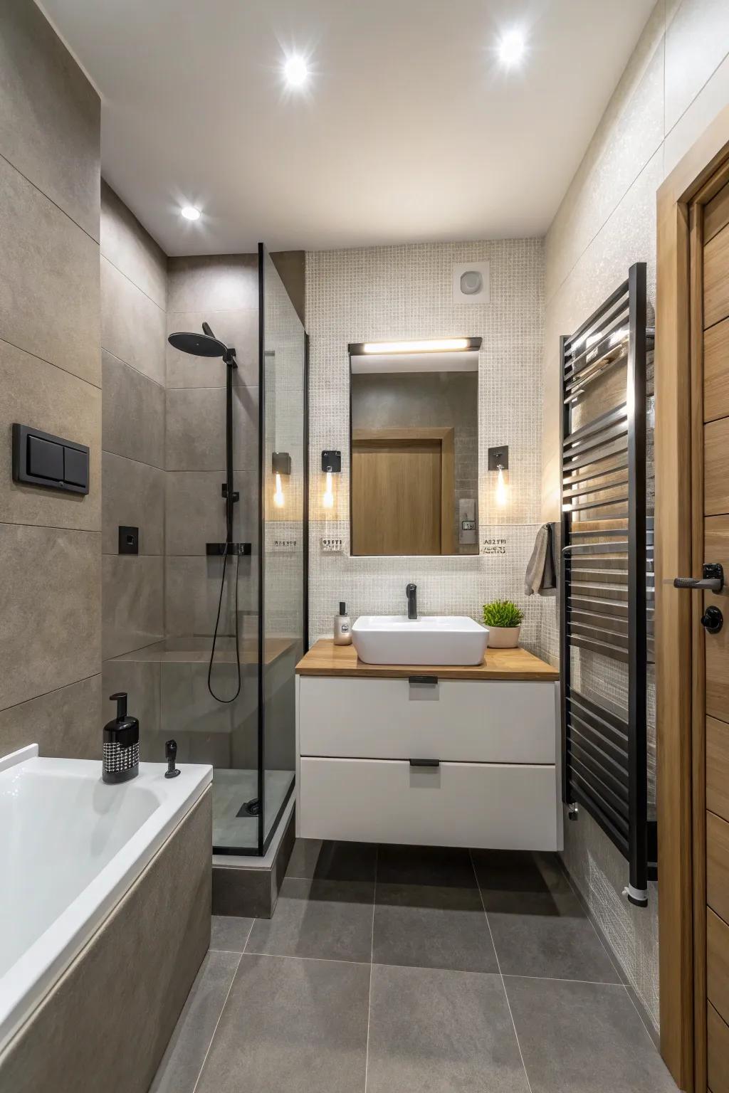 This small bathroom has a streamlined appearance because to the wall-mounted fixtures.