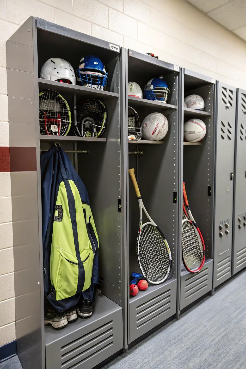 Athletic gear arranged in a dedicated storage space.