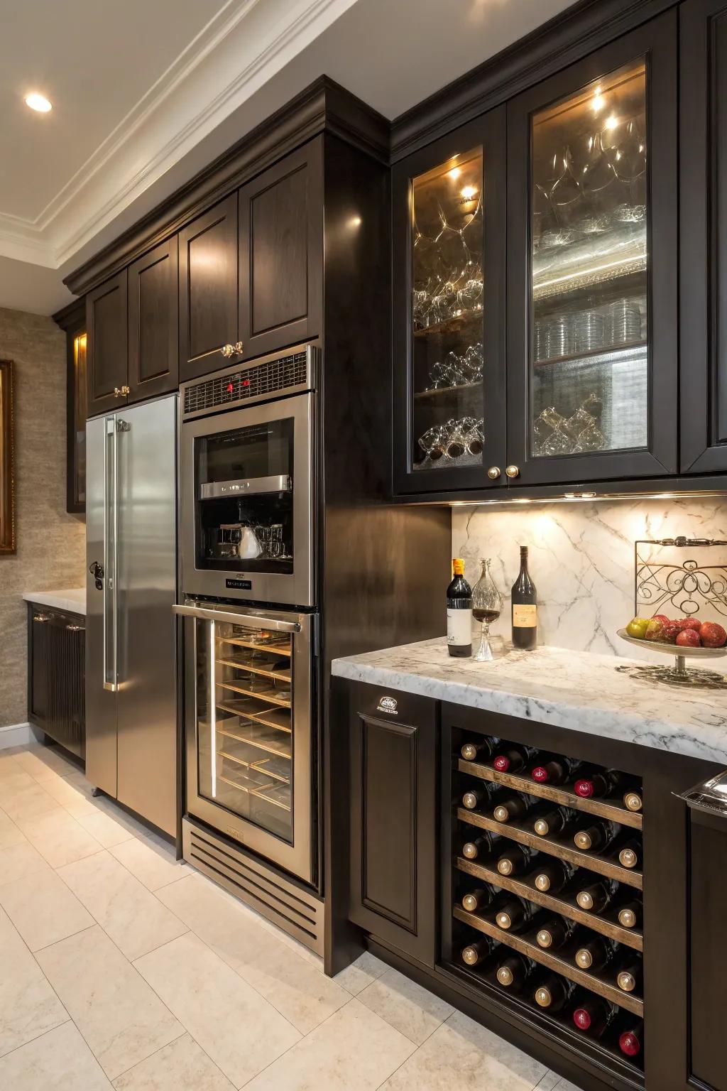 Luxury kitchen design with the wave emitter stacked above a wine chiller.