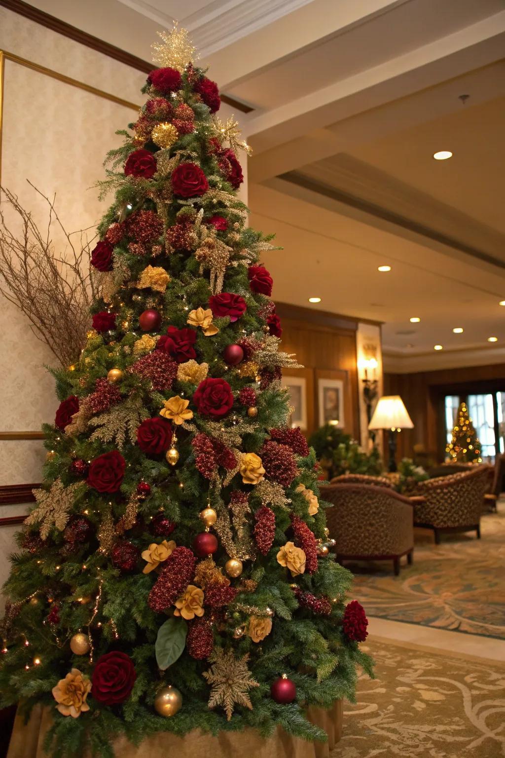 Floral compositions contribute volume and texture to the tree.