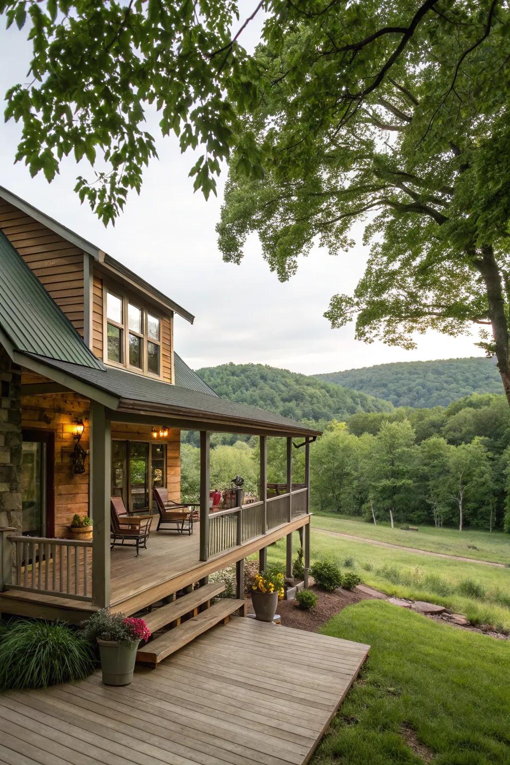 A wraparound porch heightens outdoor living and cabin appeal.
