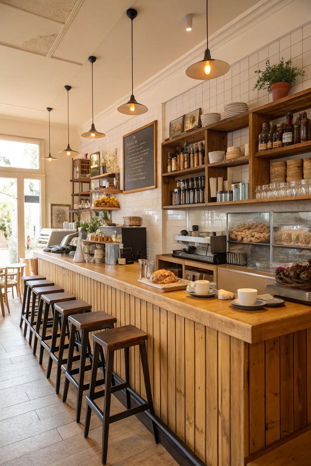 A morning bar rendering relaxed dining space inside a cafe cooking area.