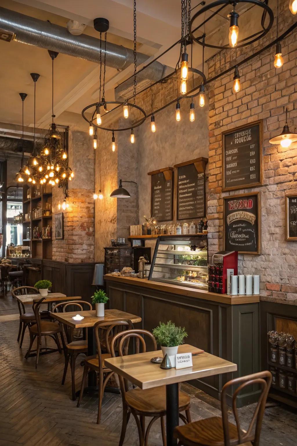 Lighting in a cafe that wonderfully enhances its unique architectural features.
