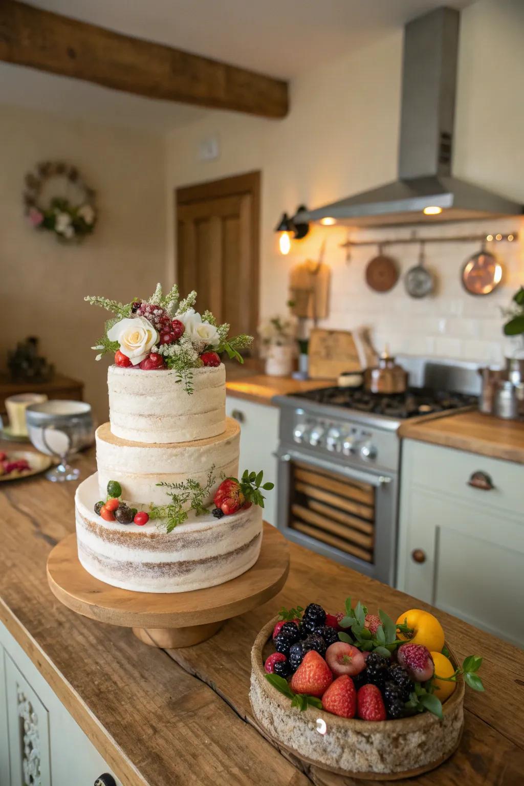 Simplicity and refinement coalesce within a rustic bare buttercream cake