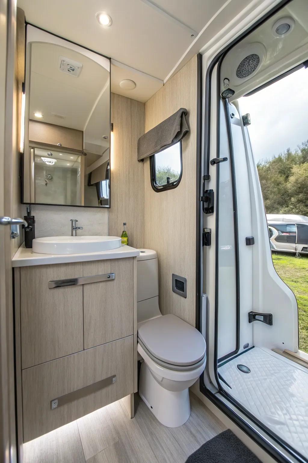 Stylish water resistant wall surface panels in a mobile home washroom.