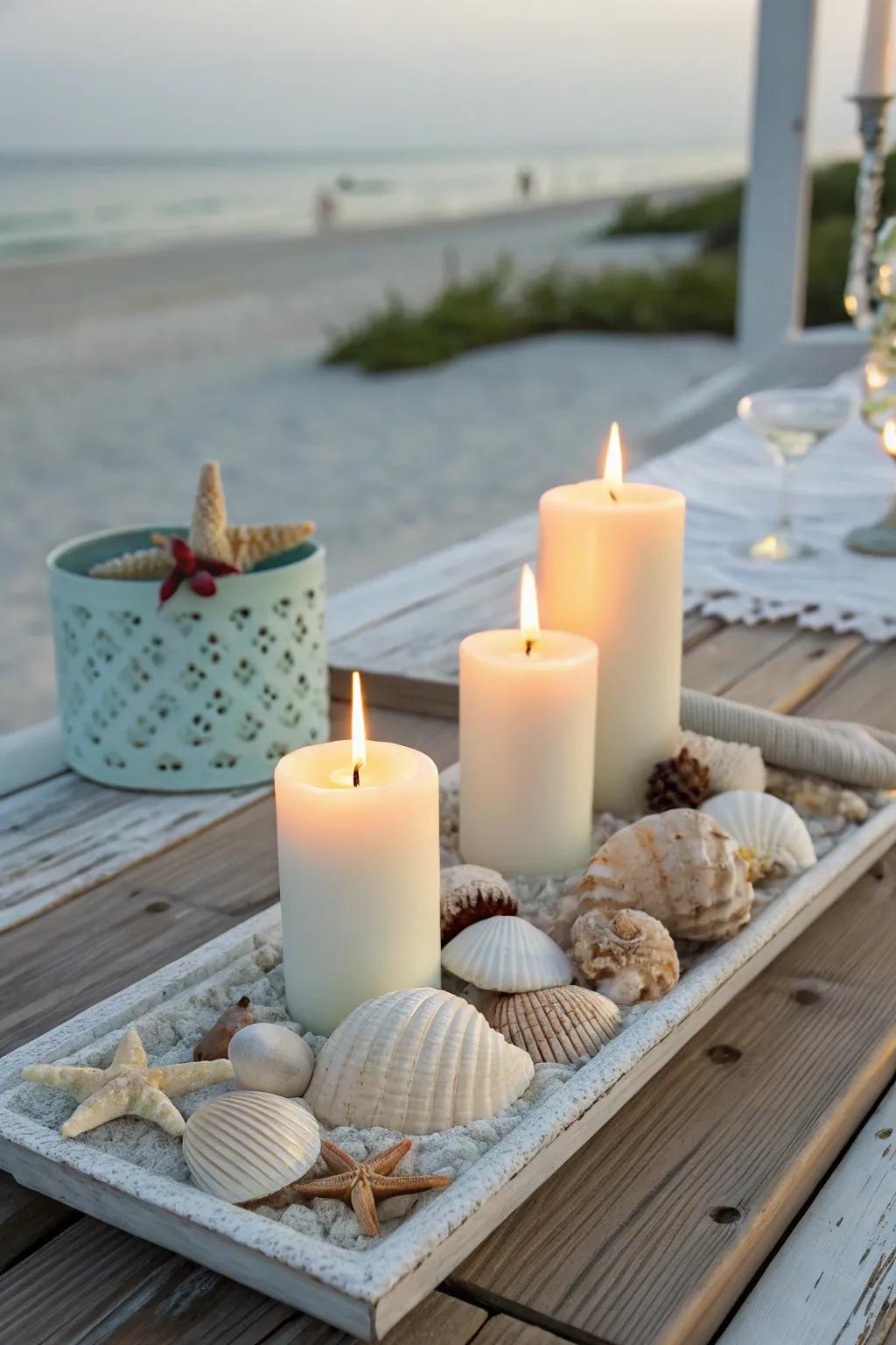 A maritime-themed candle arrangement featuring shells.