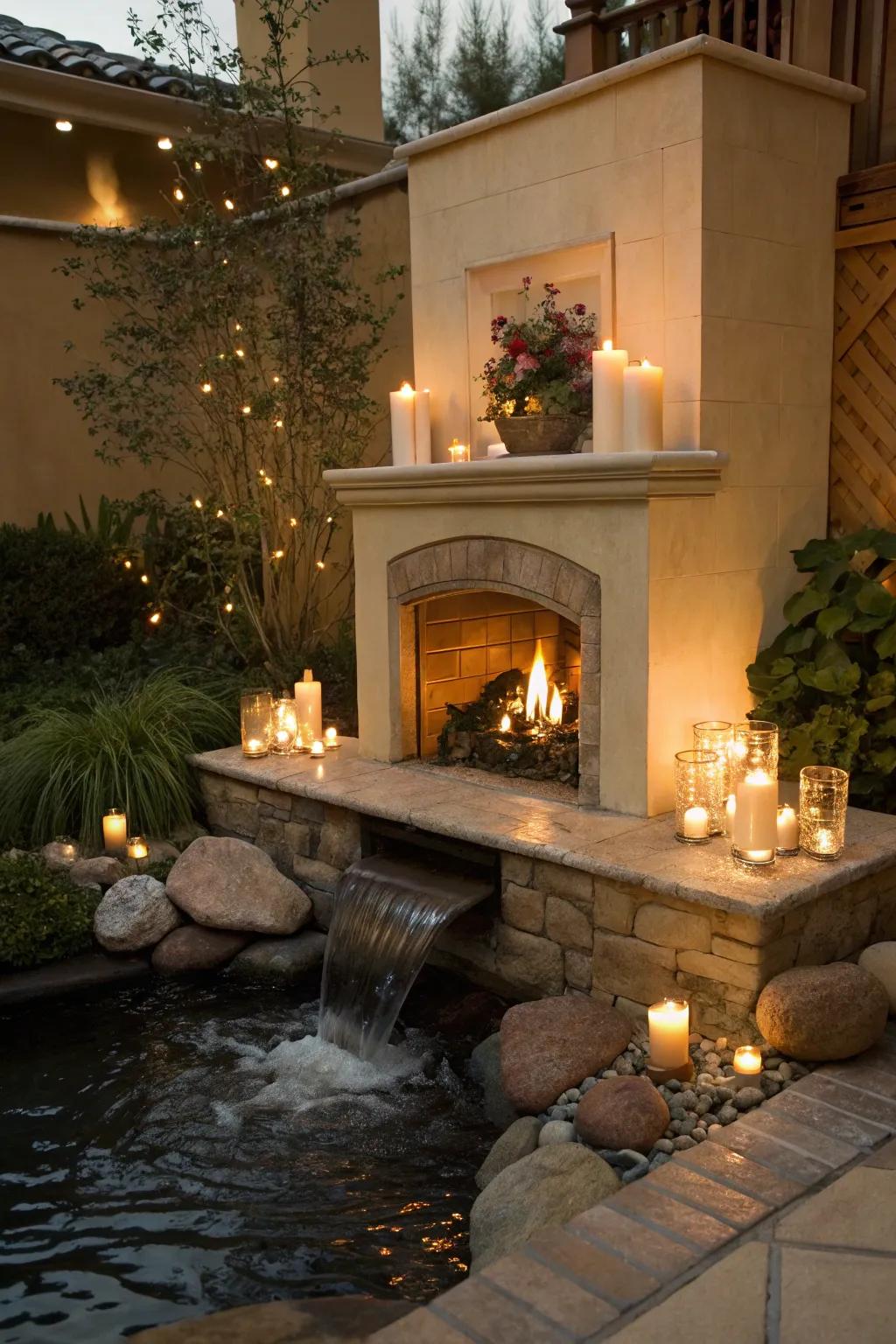 Lights coupled with a water feature craft a serene and calming fireplace ambiance.