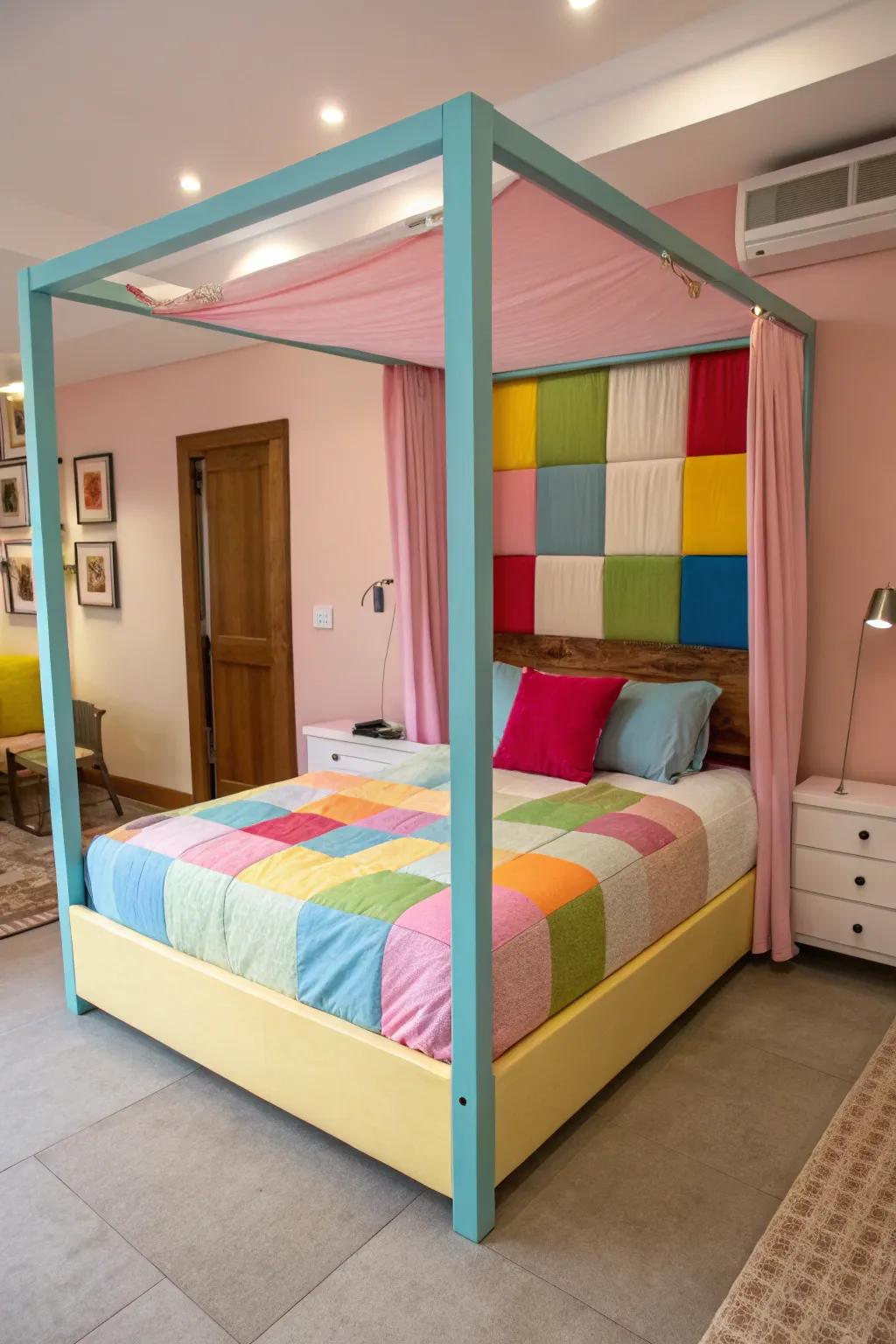 Color-blocking adds a dynamic flair to a four-poster bed.