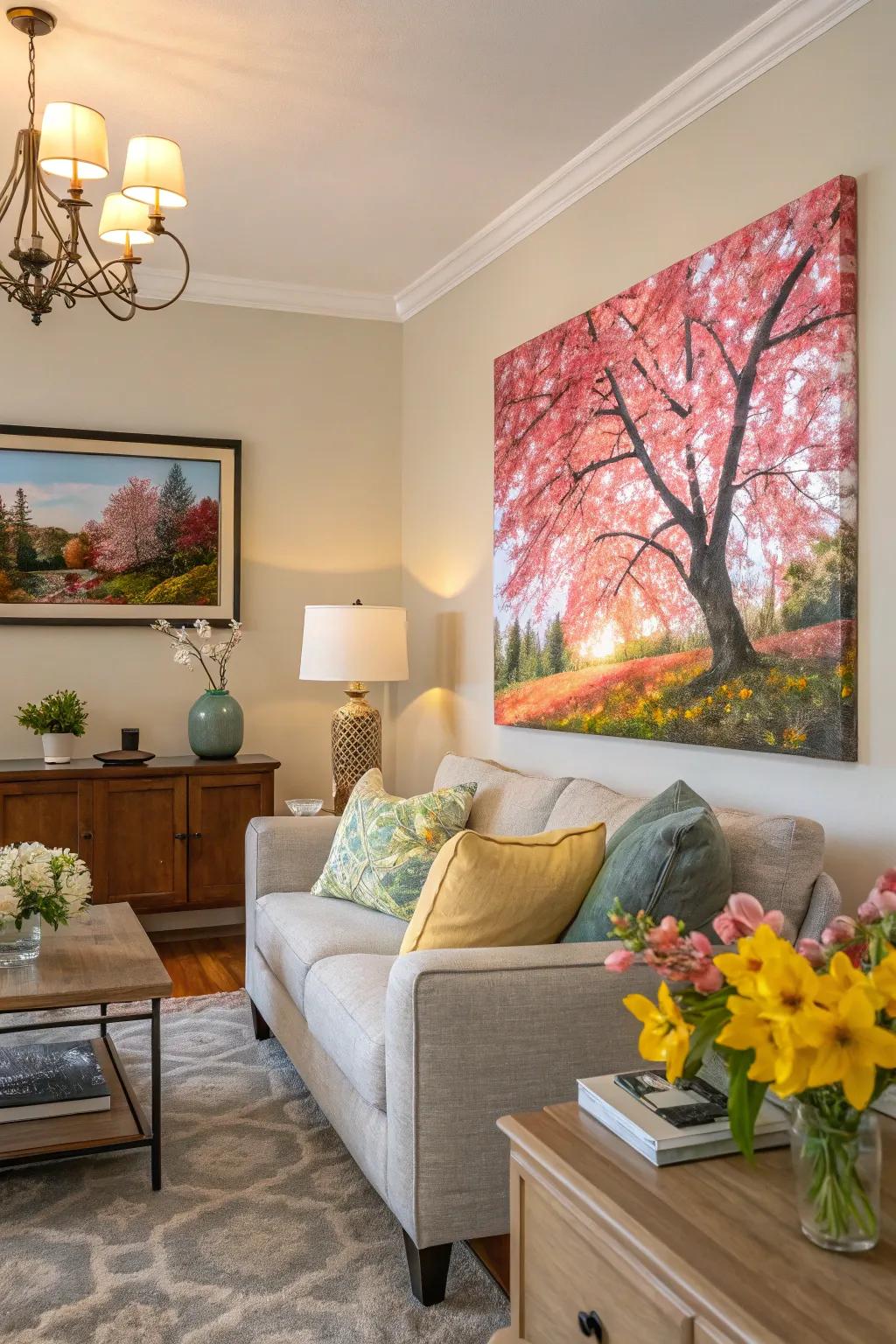 Seasonal artwork captures nature's transitions.