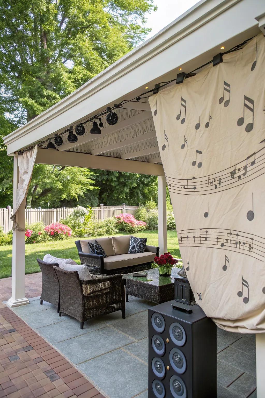 Integrated speakers create a lively atmosphere under fabric covers.