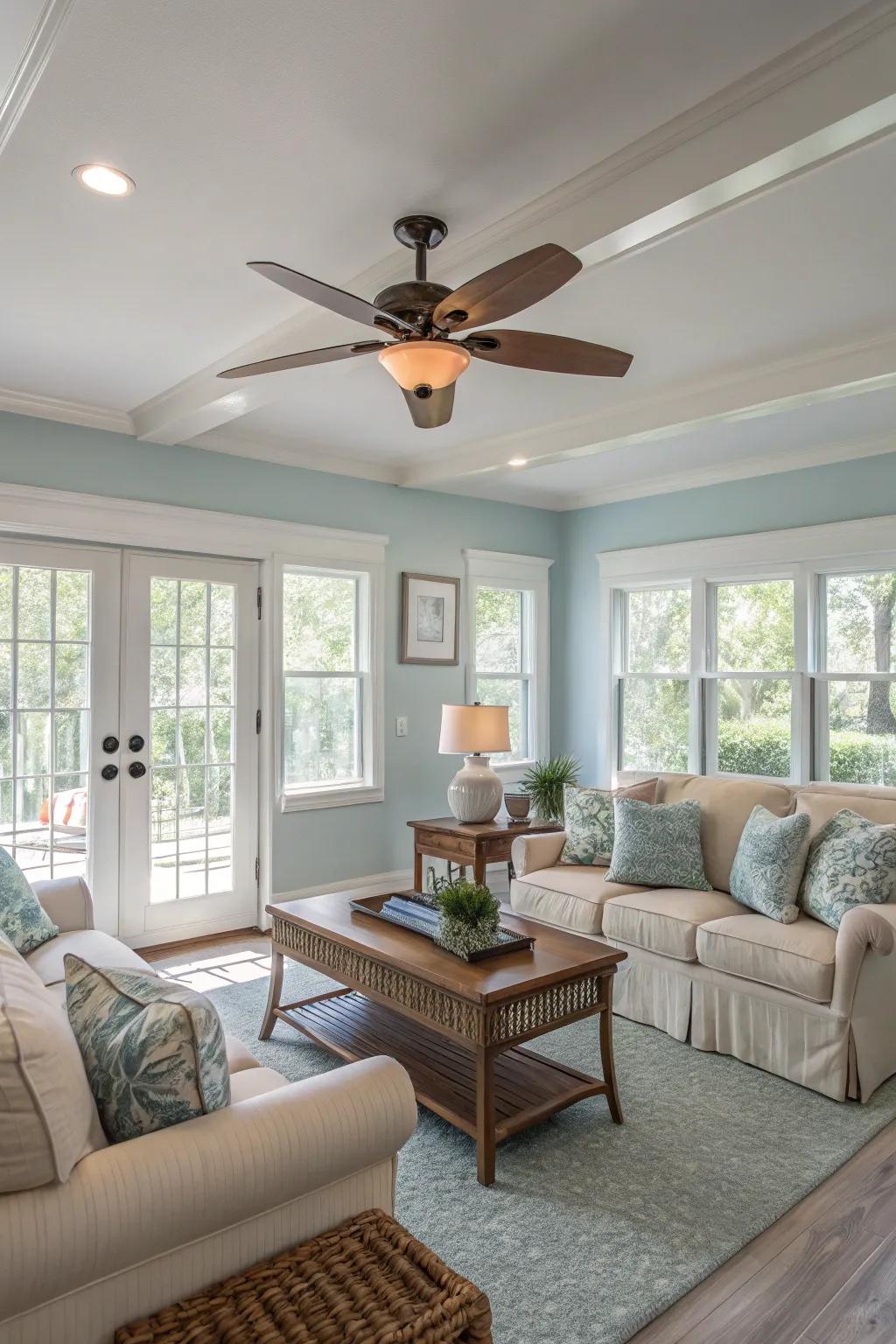Create calm with a neutral-colored ceiling fan.
