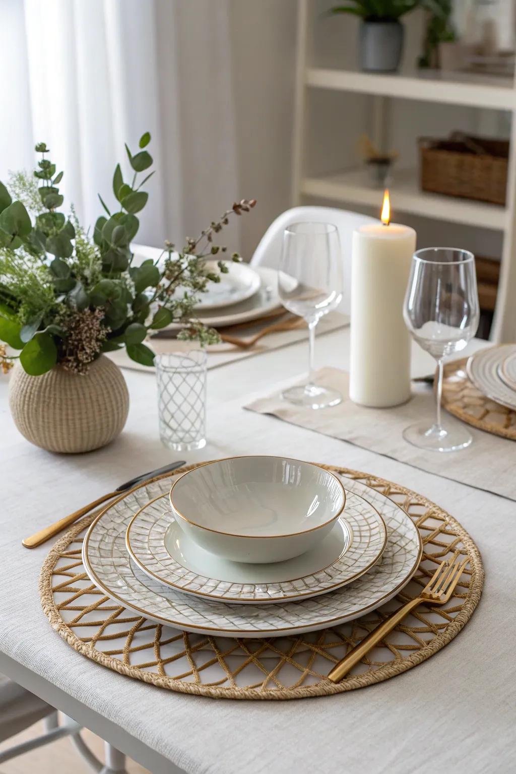 Minimalist elegance using a porcelain plate centerpiece base.