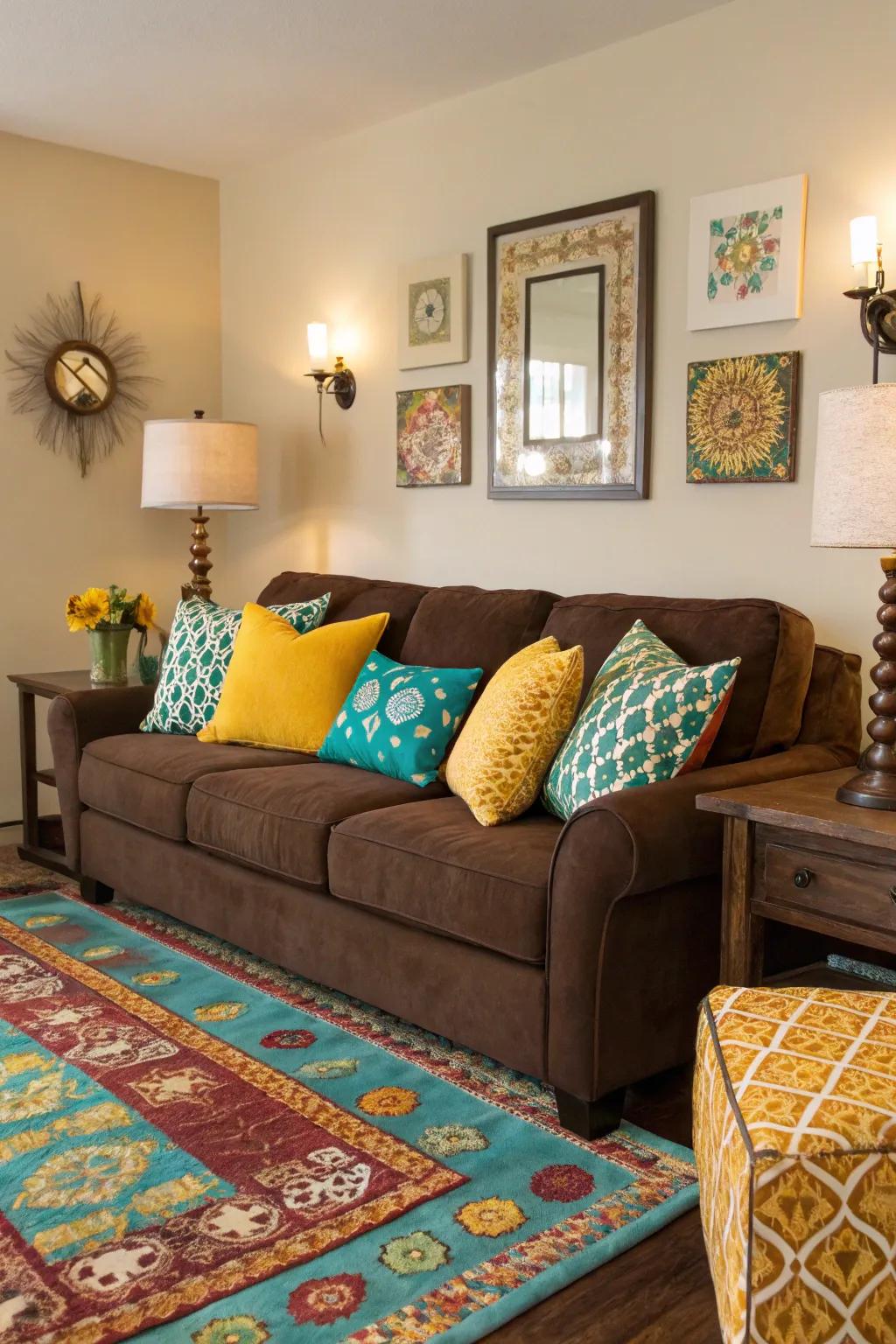 Surprising pops of color add energy and vibrancy to a cocoa sofa setting.