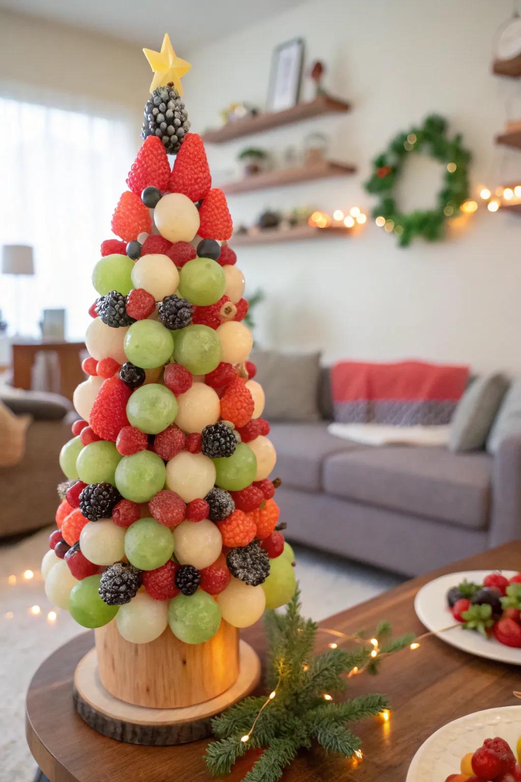 Edible melon and mixed berry ornaments for bringing a celebratory element.