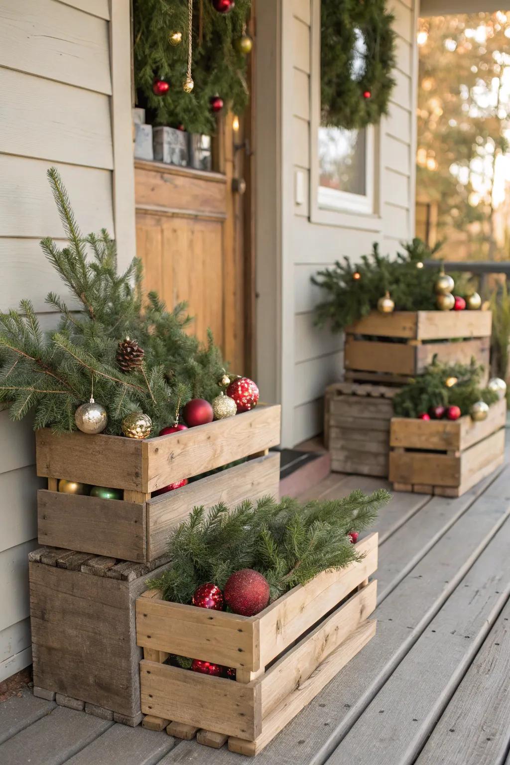 Countryside crates populated with celebratory decor introduce depth to the porch.