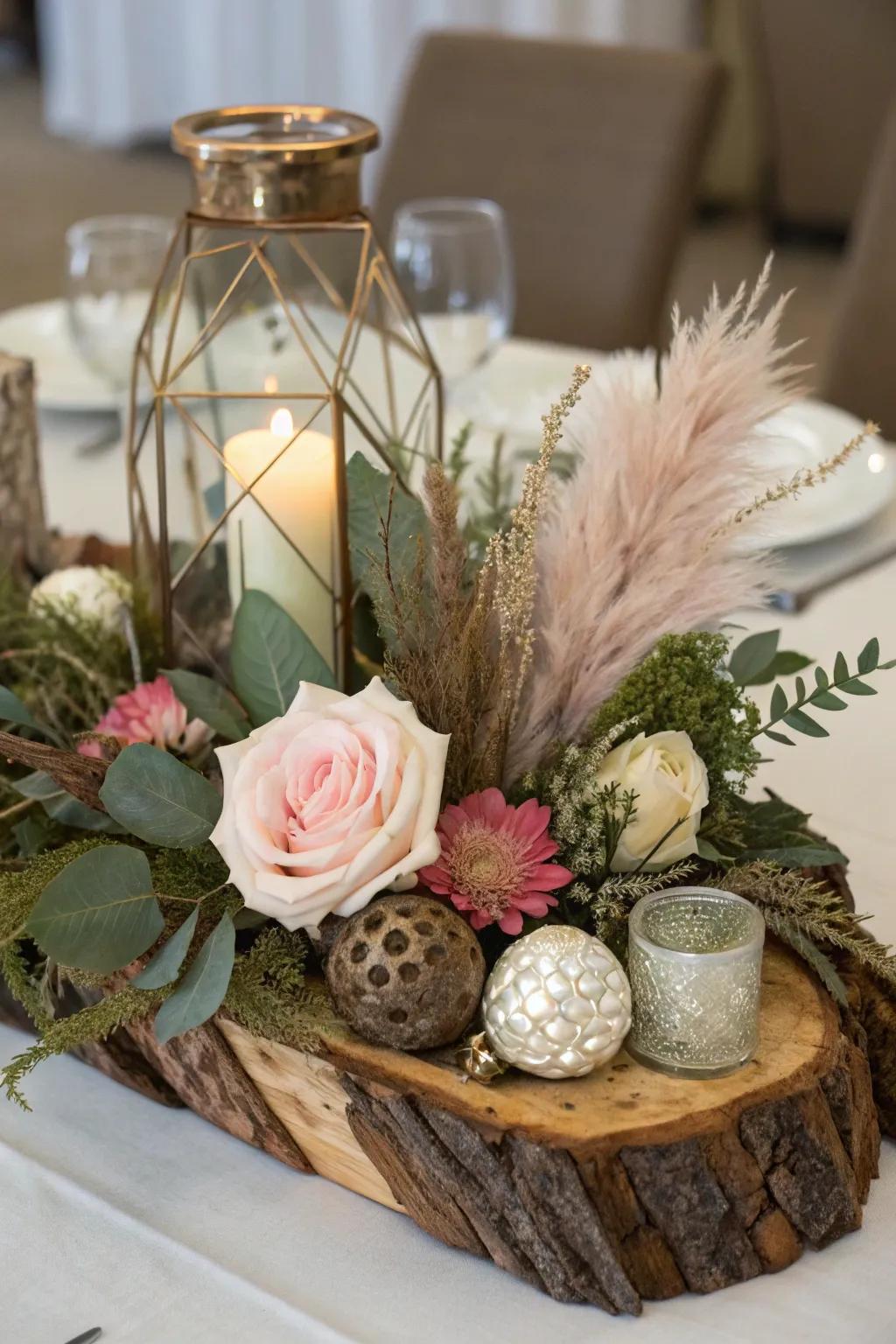 An eclectic mix of textures fashions a striking centerpiece.