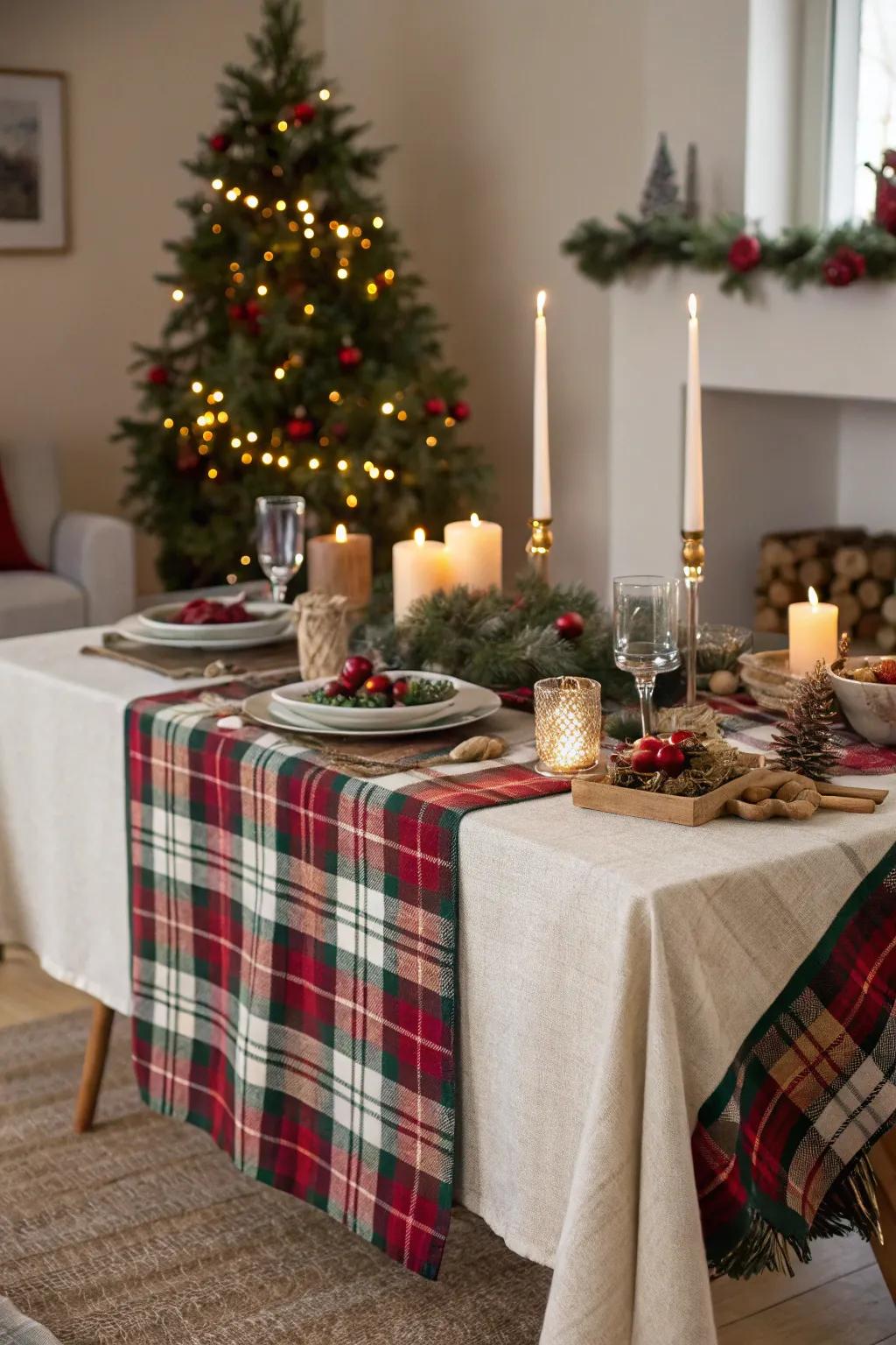 Plaid throws as tablecloths infuse warmth and style into the table setting.