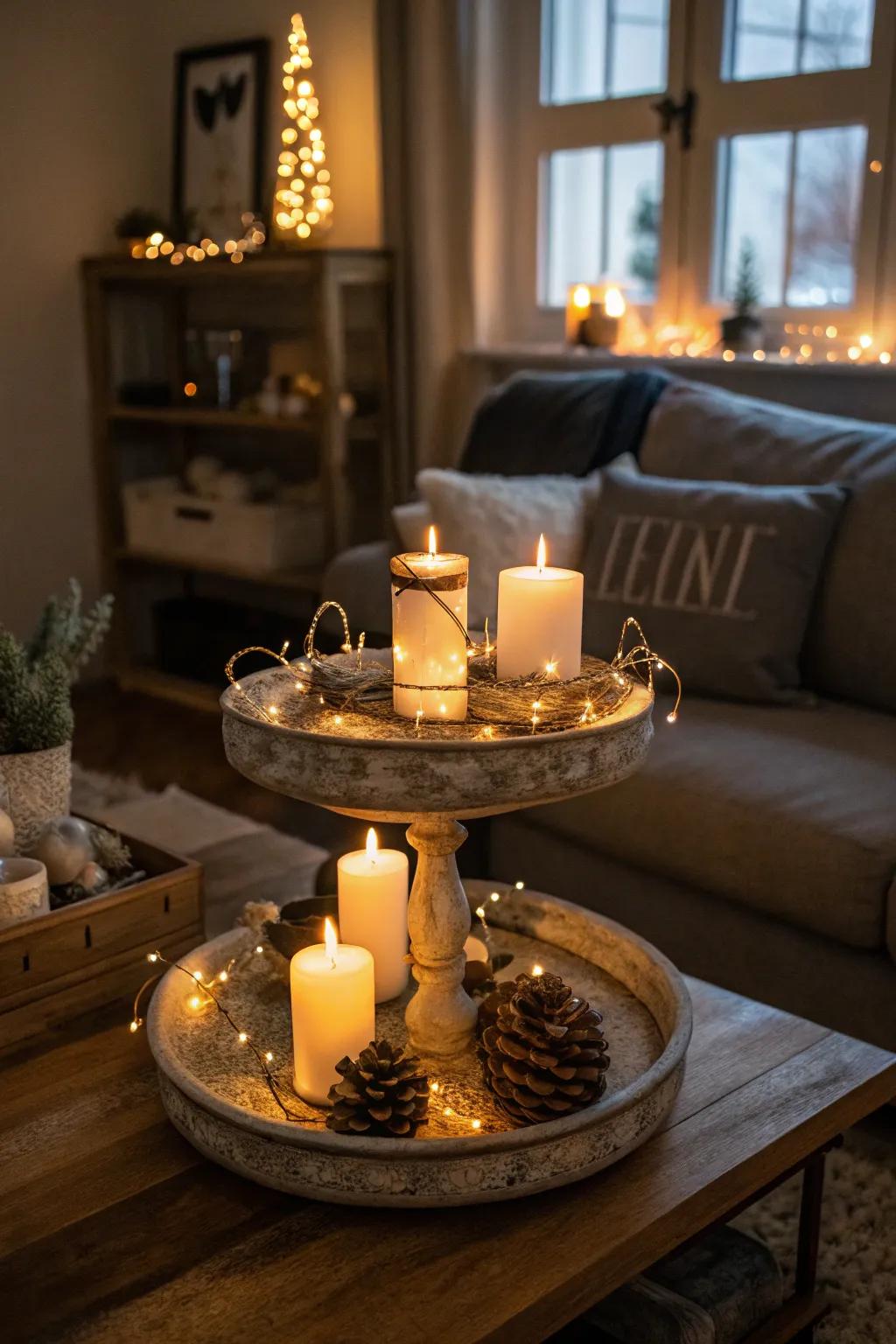 A warm and inviting festive lights display on a multi-level display.