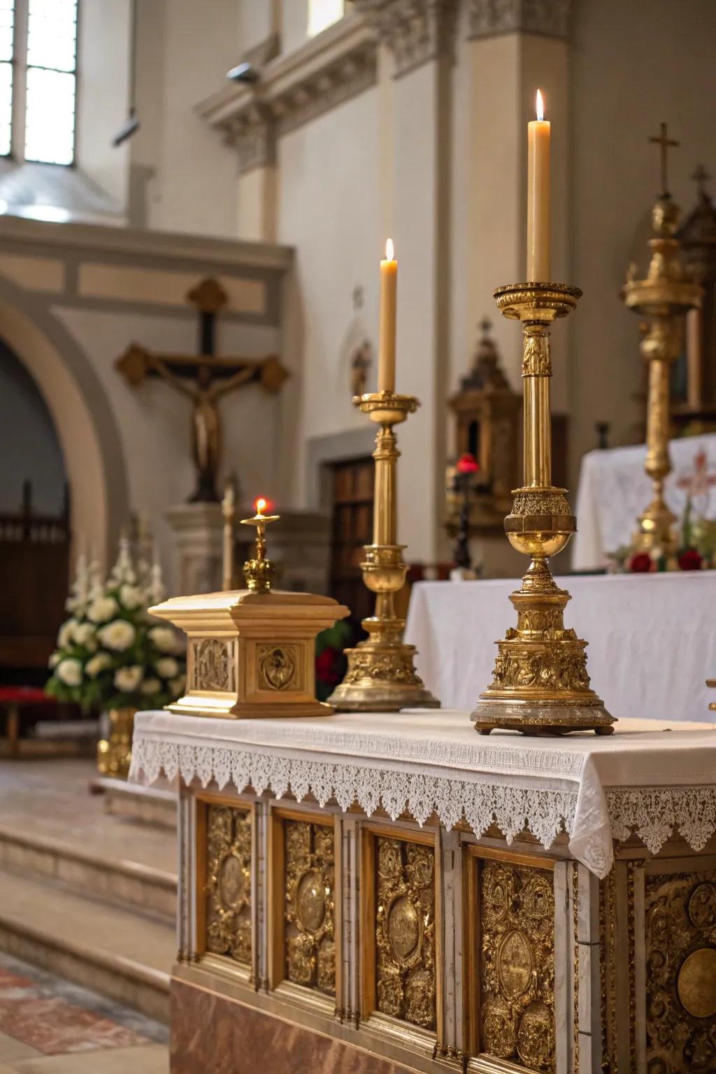 An altar featuring metallic accents, which imparts a hint of grandeur and elegance.