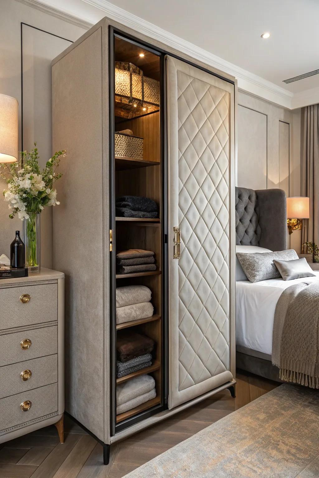 Fabric-lined cabinets offer style and concealment in one.