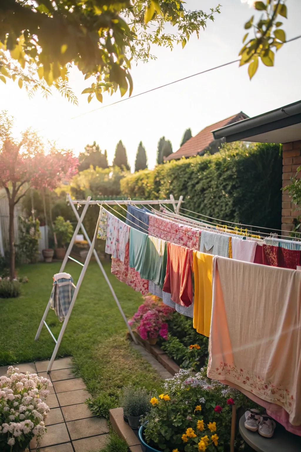 A clothesline with multiple levels offers plenty of drying space.
