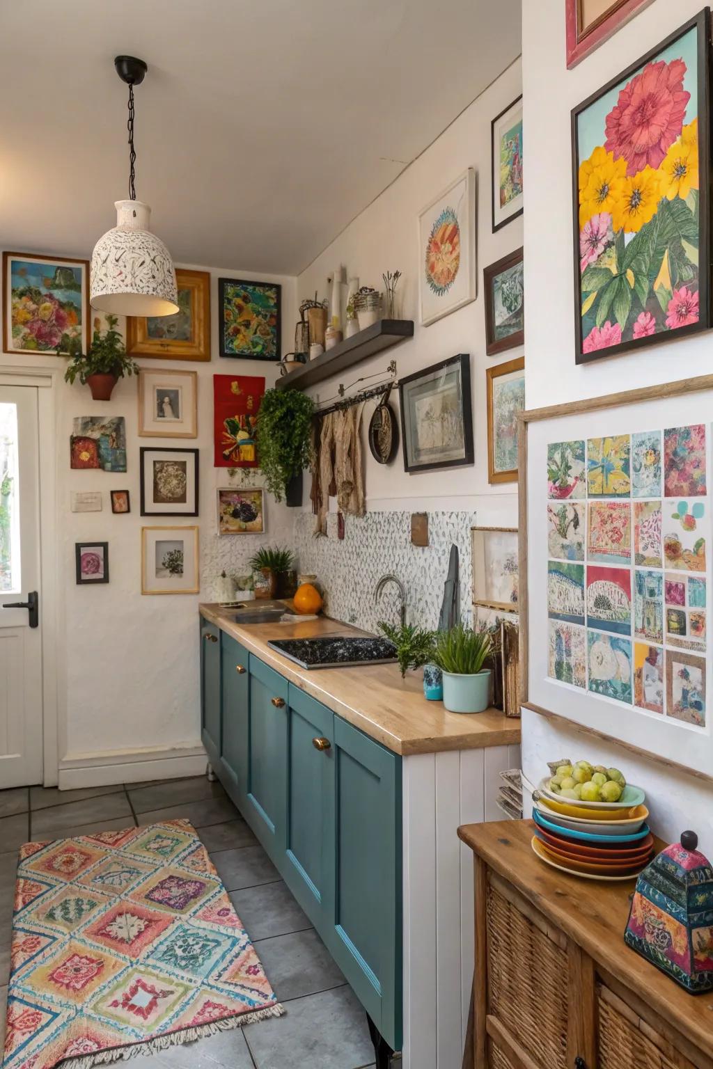 Eclectic art works convert the kitchen into a personal gallery.
