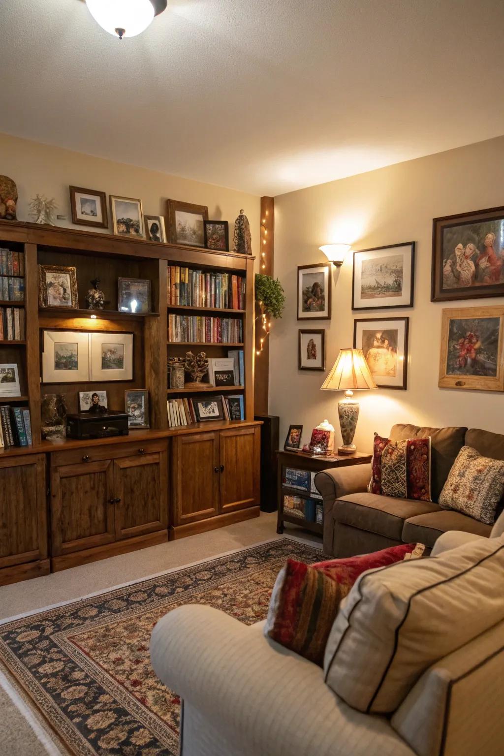 Personal collections add a unique, tailored feel to this inviting living area.