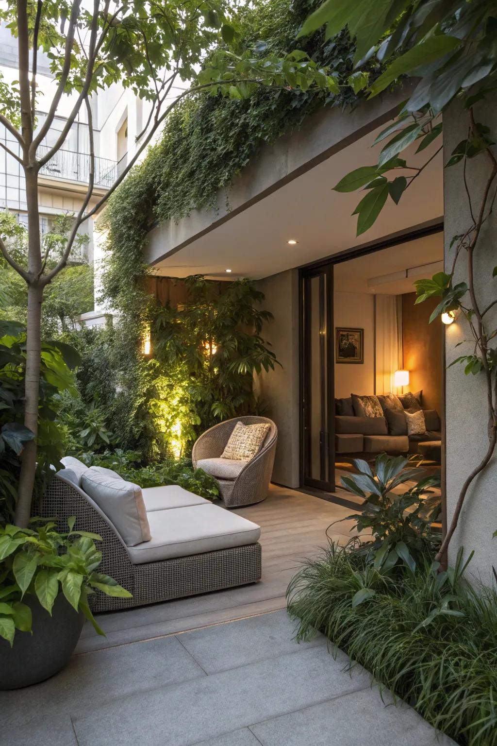A secluded nook providing privacy and tranquility on a patio.