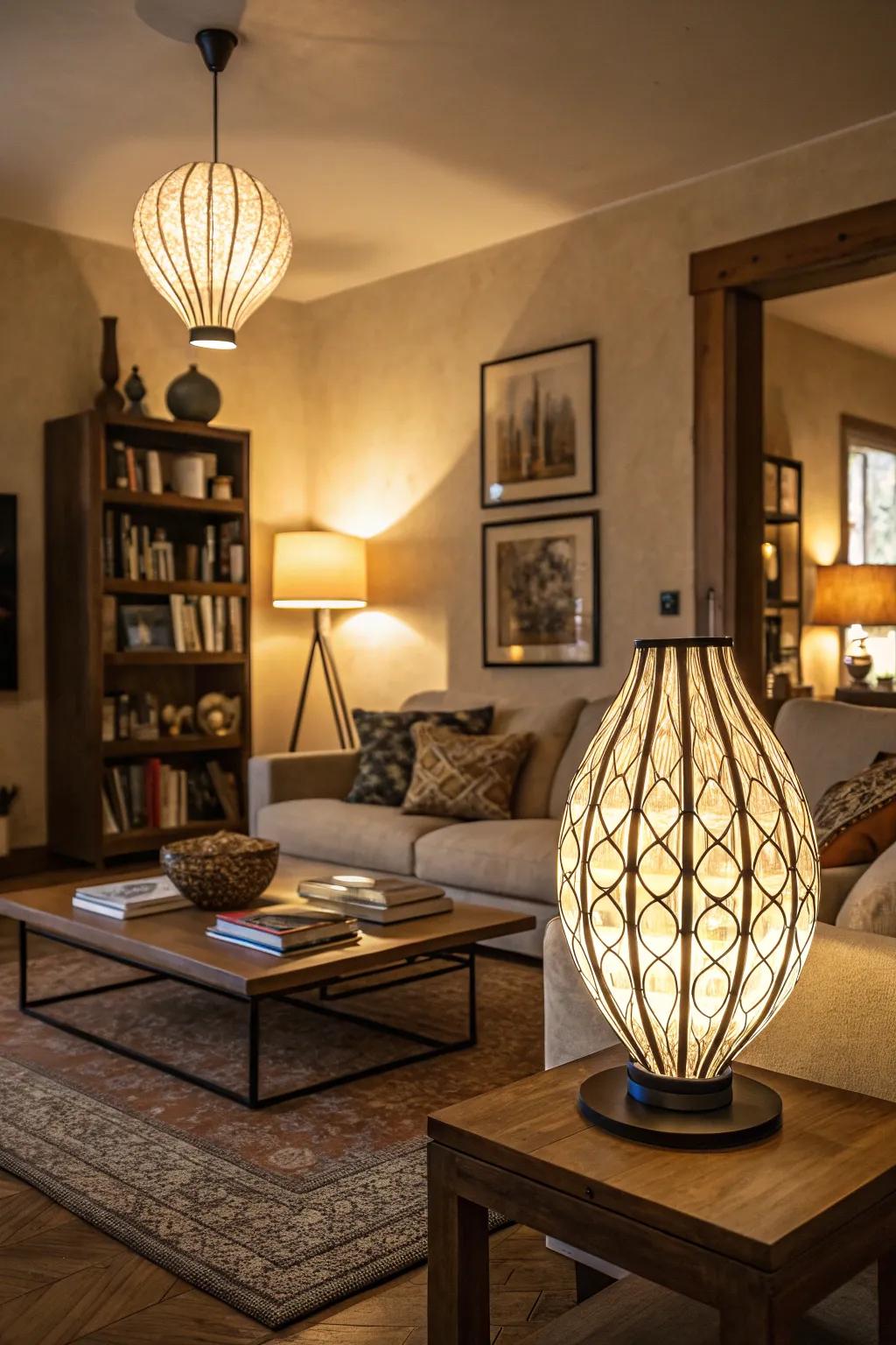 Artistic lighting fixtures introduce intrigue and elegance.