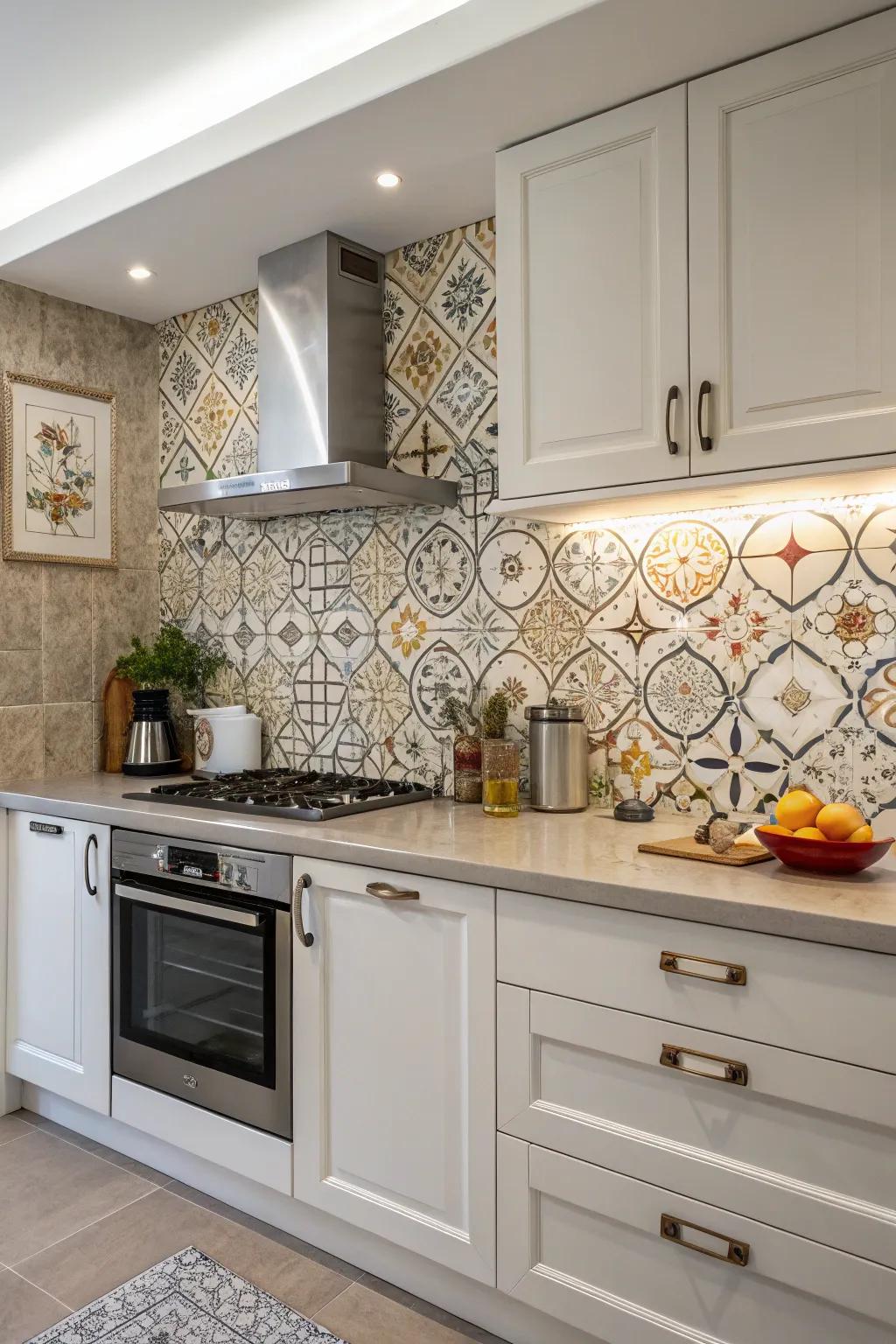 Patterned panel backsplashes add playful or sophisticated touches to kitchens.