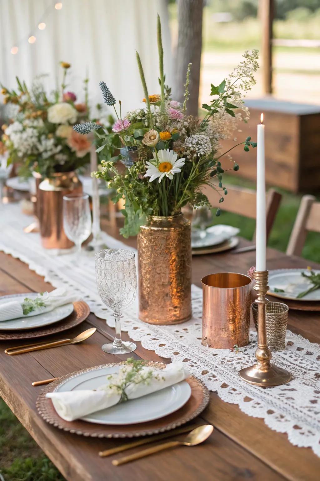 A countryside wedding table elegantly adorned with copper elements.