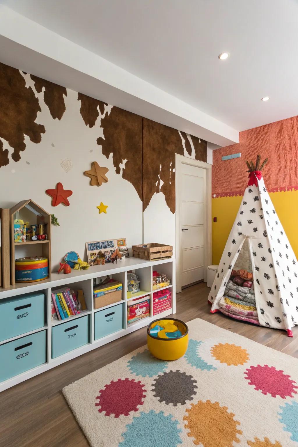 A playful kids' room featuring chic animal hide wall decor.