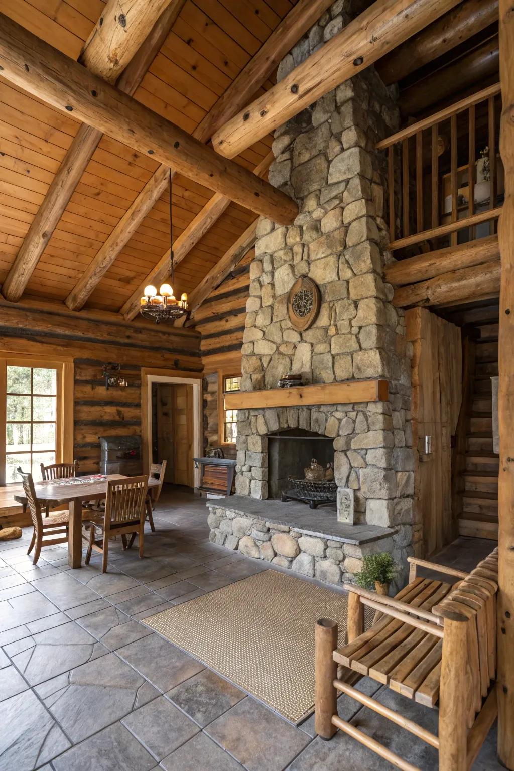 Rockwork beautifully contrasts with timber in a log cabin interior.