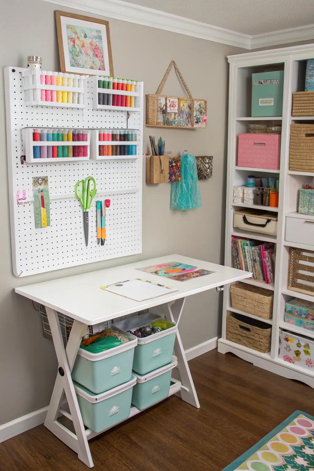 A folding table offers dynamic workspace options in small rooms.