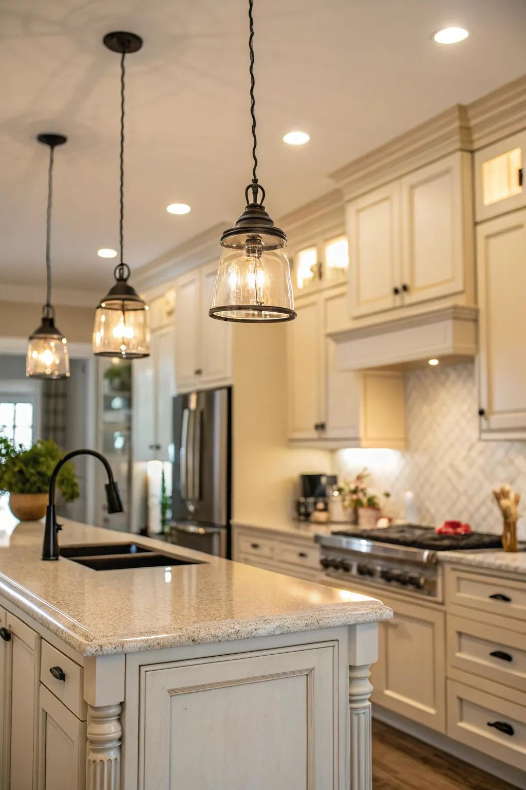 Graded illumination enhances functionality and ambiance.