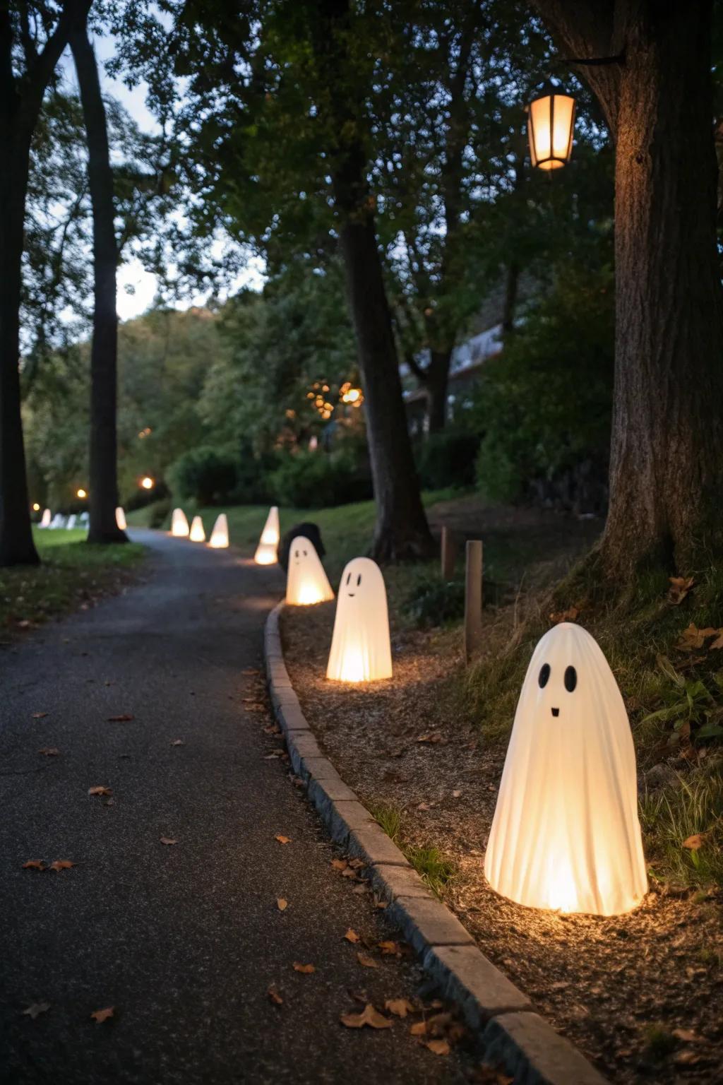 Spectral lights illuminate the path.