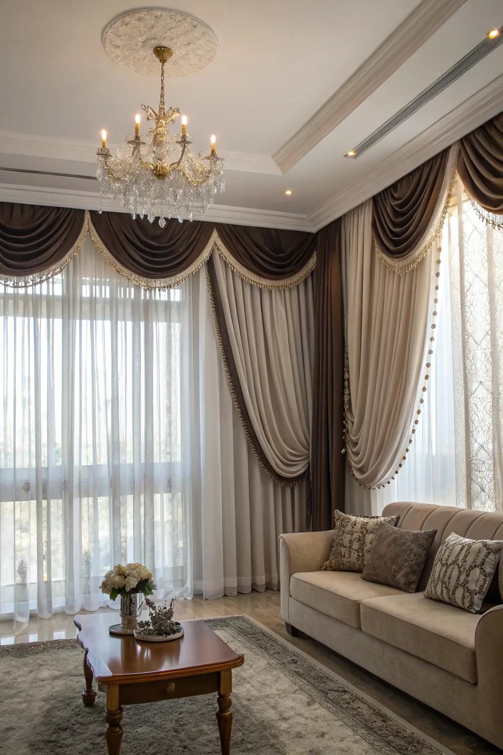 Combining drapes creates a luxurious and opulent feel.