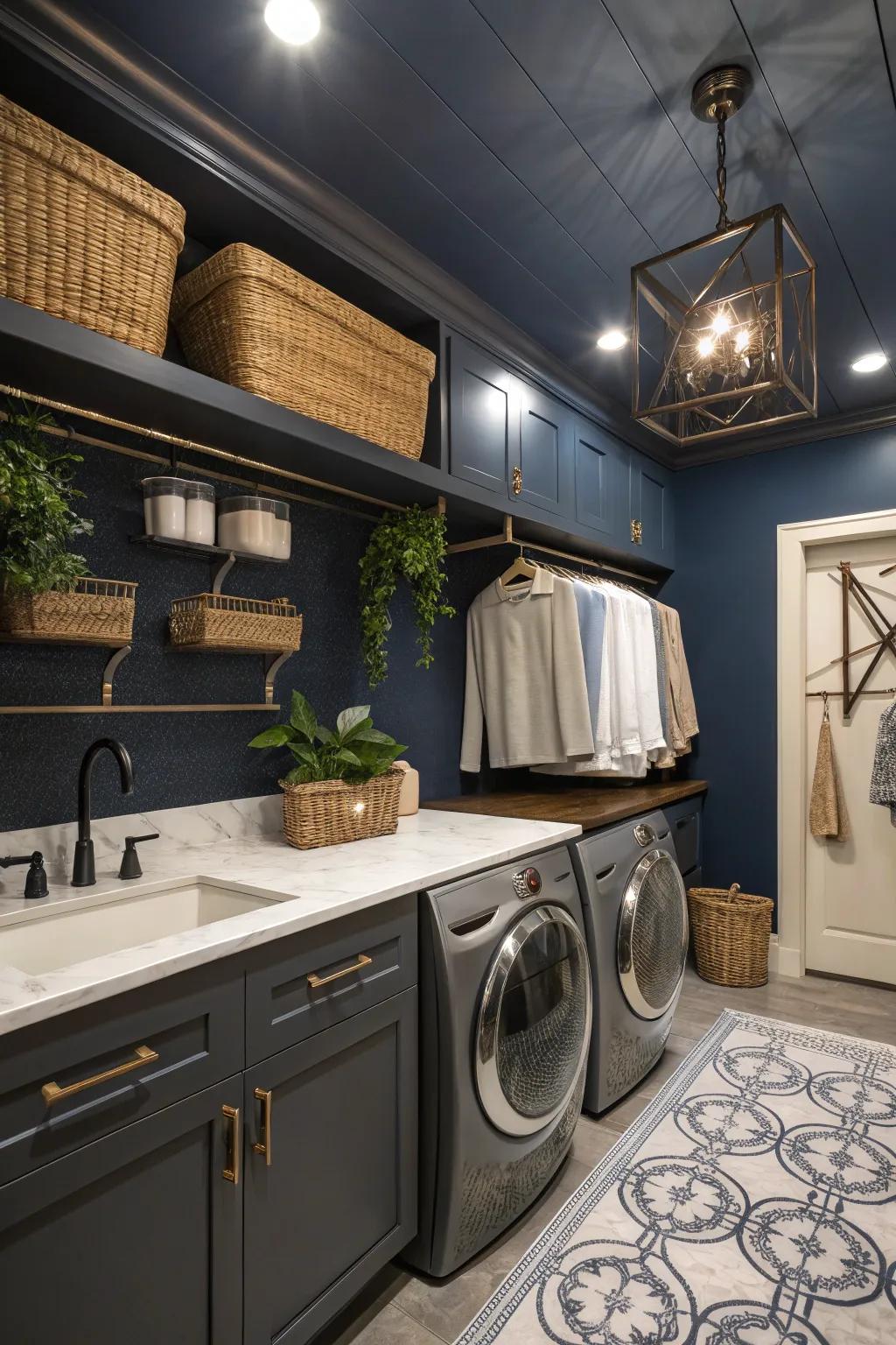 Unforeseen sophistication in a functional space enhanced by a dark blue ceiling.