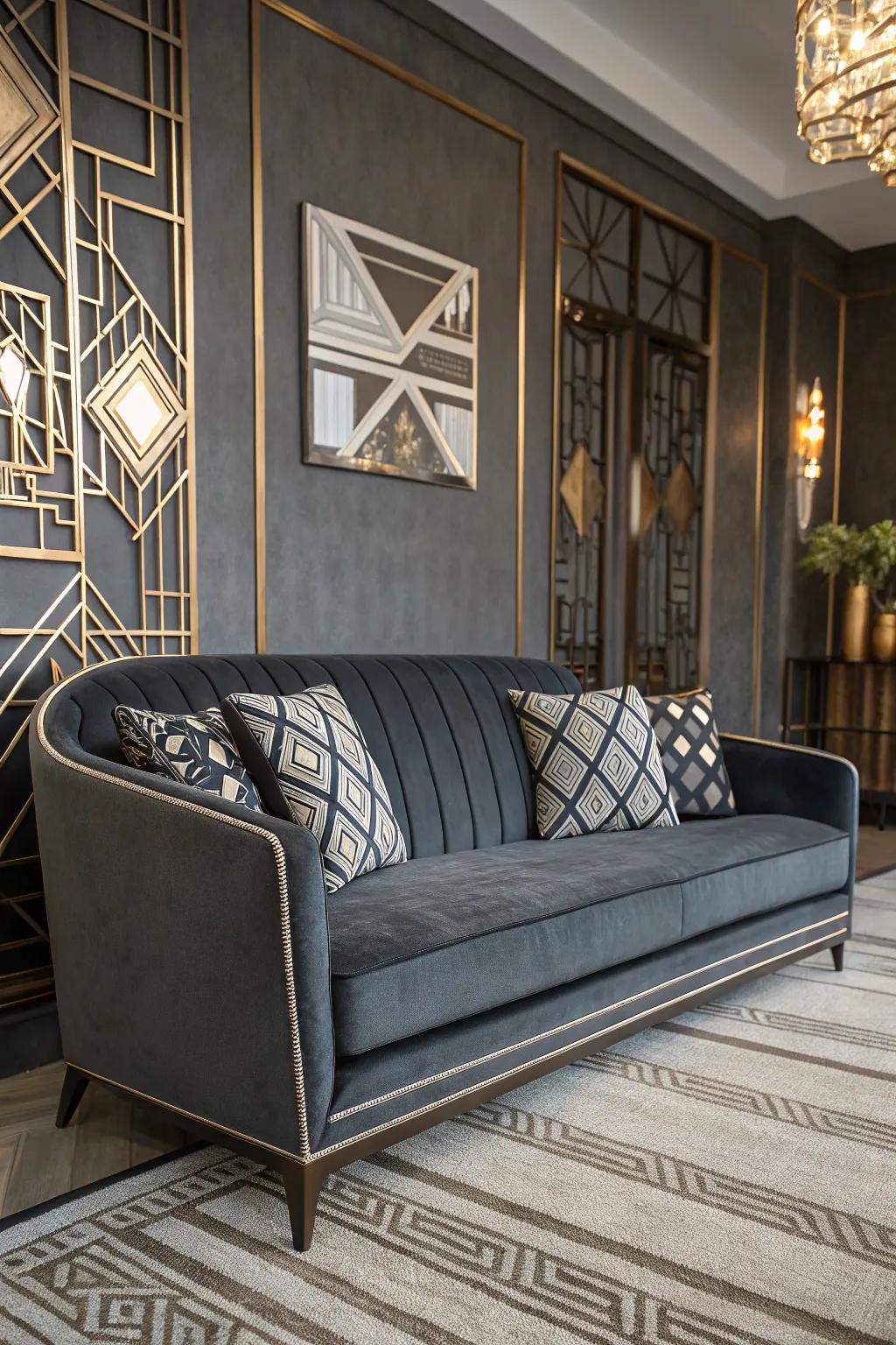 Art Deco elements deliver a vintage-modern flair to a grey loveseat zone.