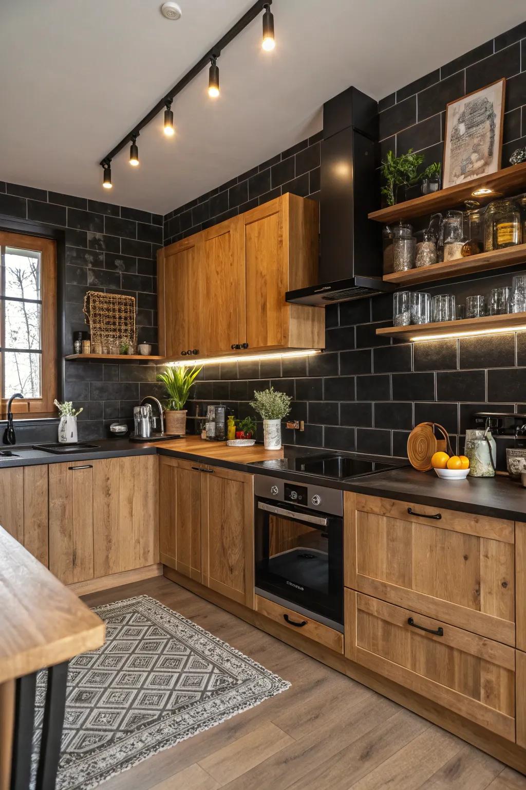 A harmonious kitchen spotlighting a blend of deep backsplash and timber components.