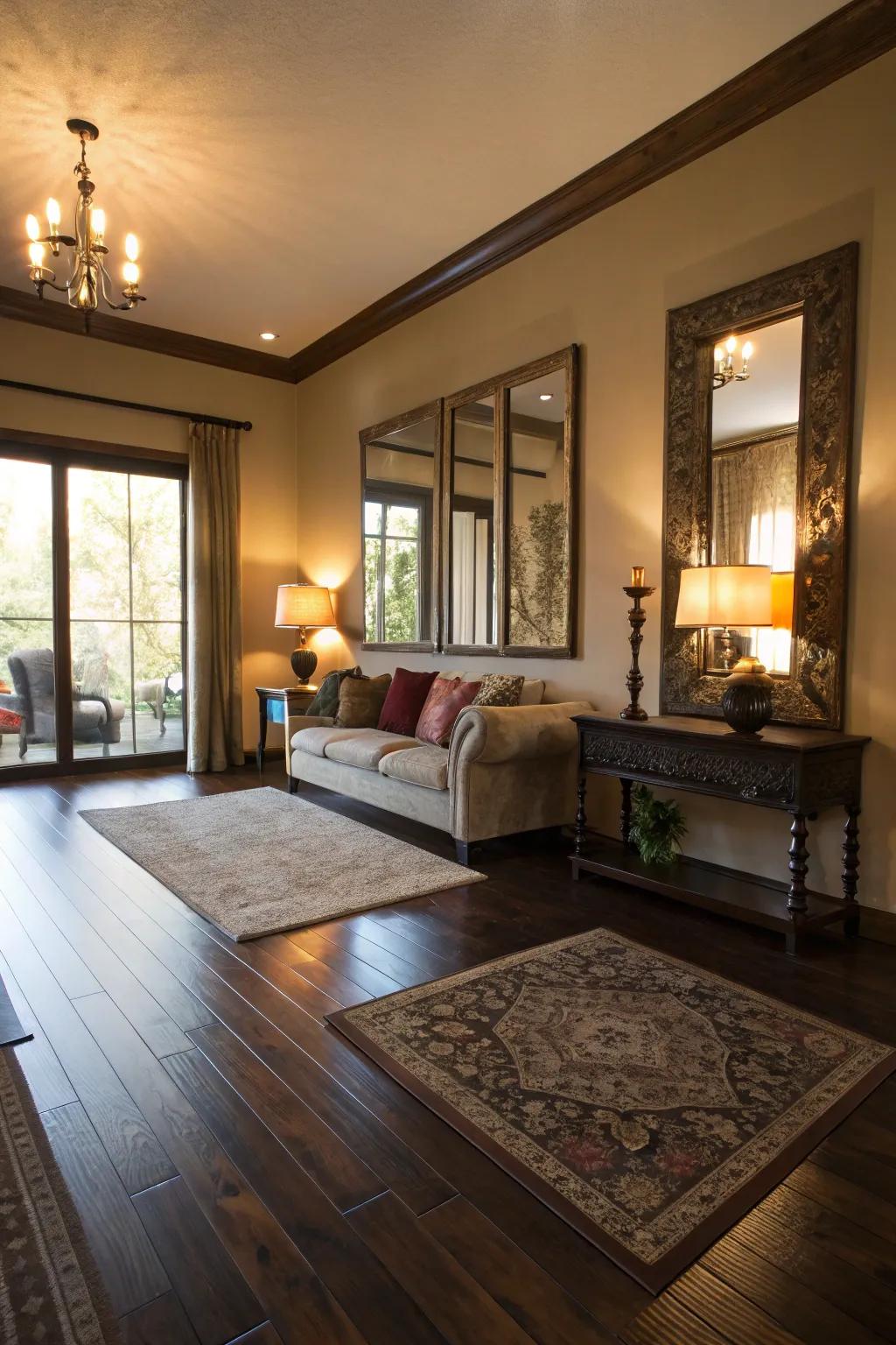 The mirrors amplify light and space in rooms with dark wood floors.