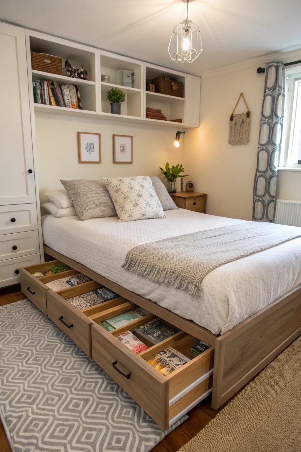 Built-in storage solutions keep spaces tidy and uncluttered.