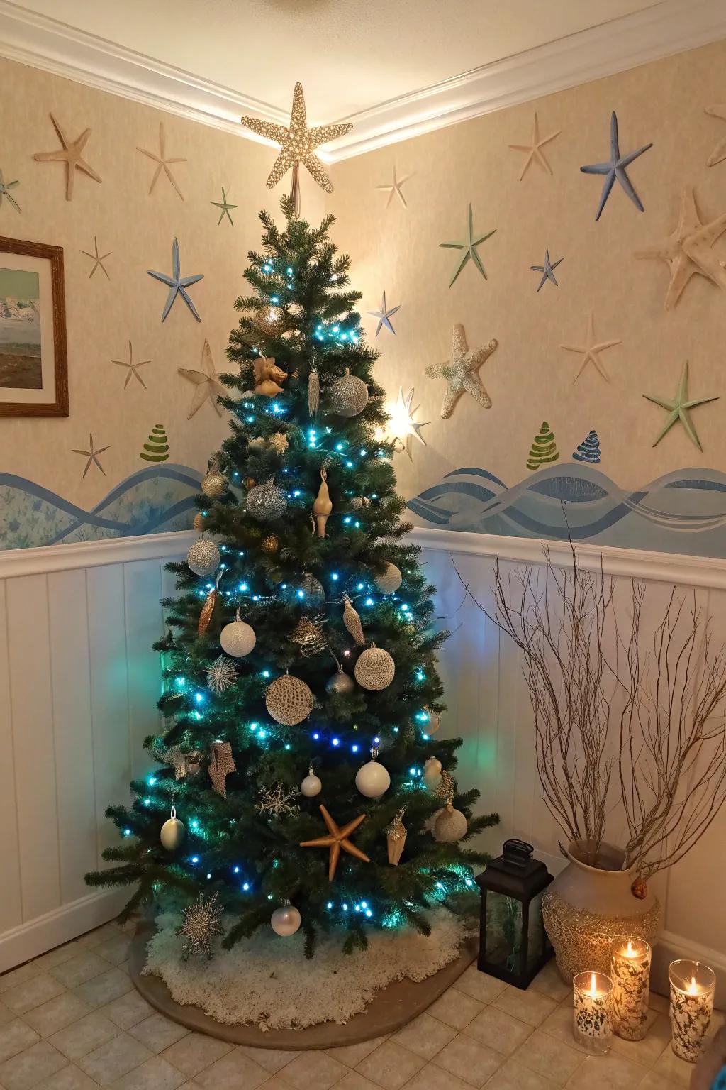 An below the sea Yuletide tree using oceanic lights and decorations.