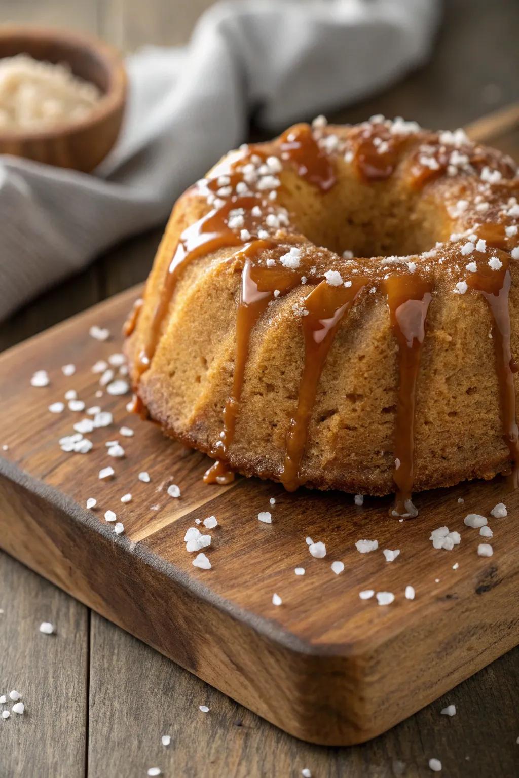 A bundt cake featuring a rich caramel drizzle and sea salt.