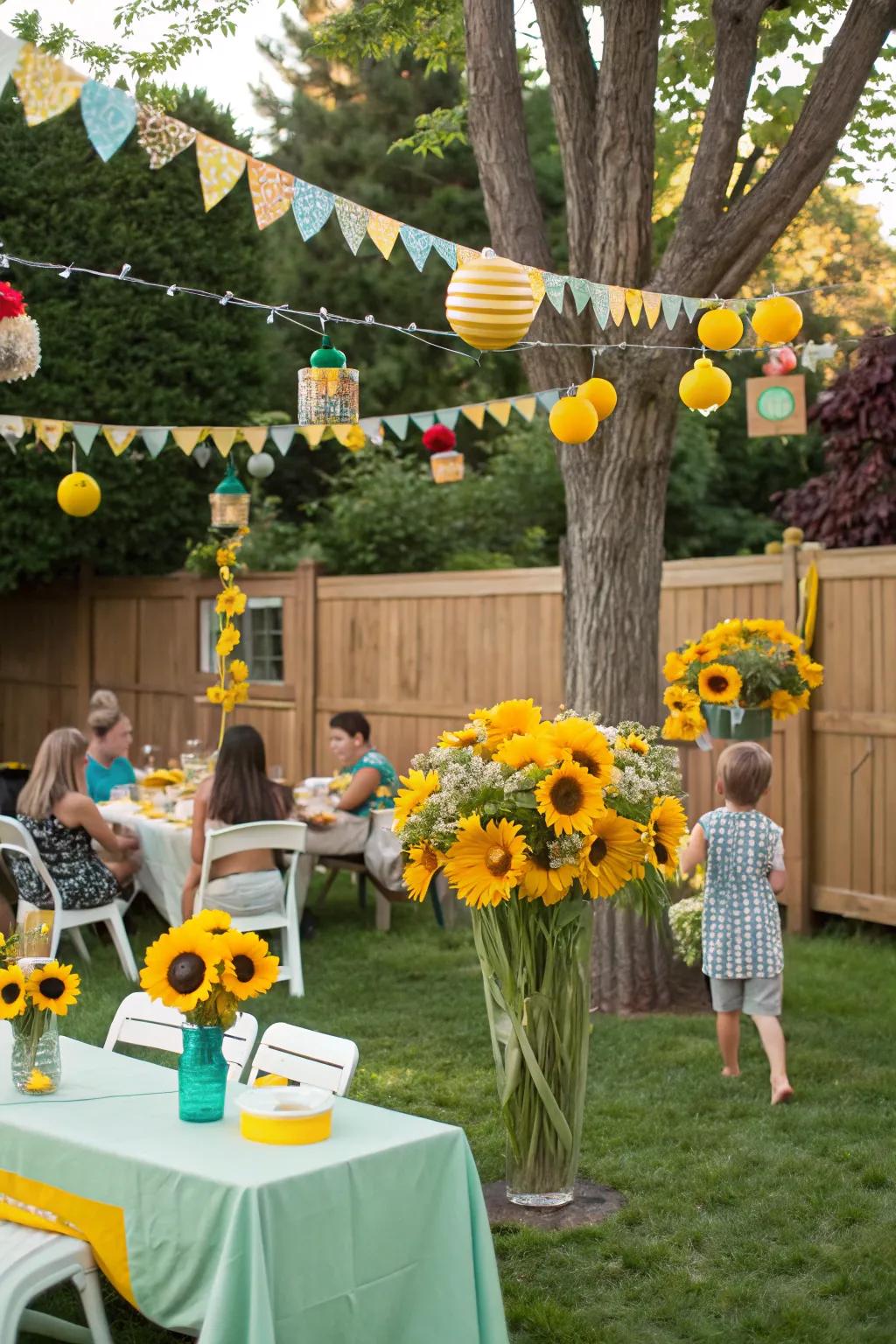 Party decorations featuring sunflowers create a joyful atmosphere for any occasion.